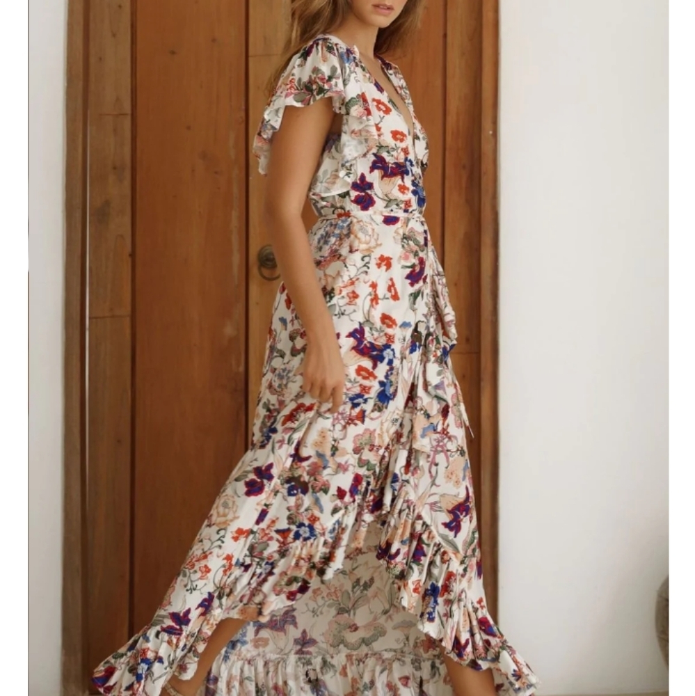 𝅺Vibrant Floral Flutter Sleeve Hi Low Maxi Flower Dress - Picture 5 of 12